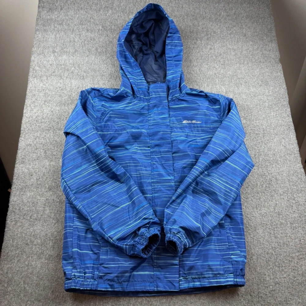 Eddie Bauer Windbreaker Jacket Kids L (14/16) Blue Striped Hooded Mesh‎ Lined